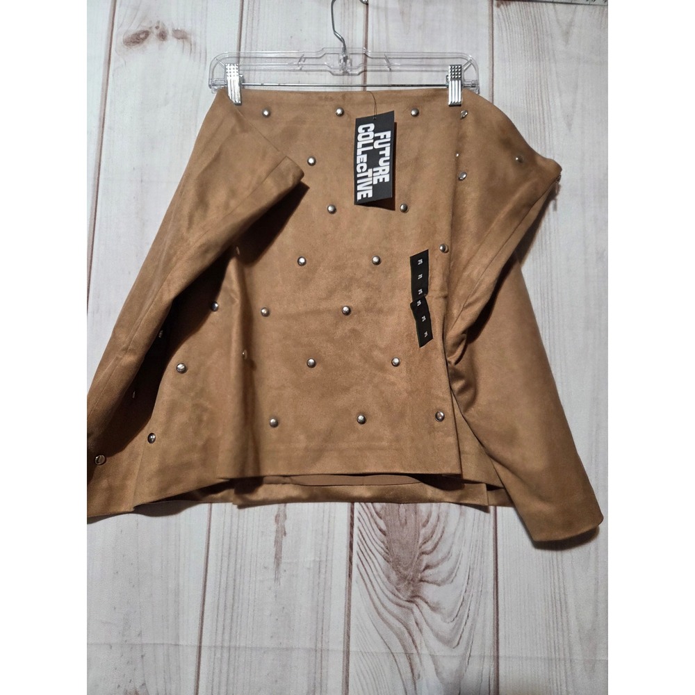 Future Collective Tan Faux Suede Studded Wrap Mini Skirt Size 28 Brown NEW